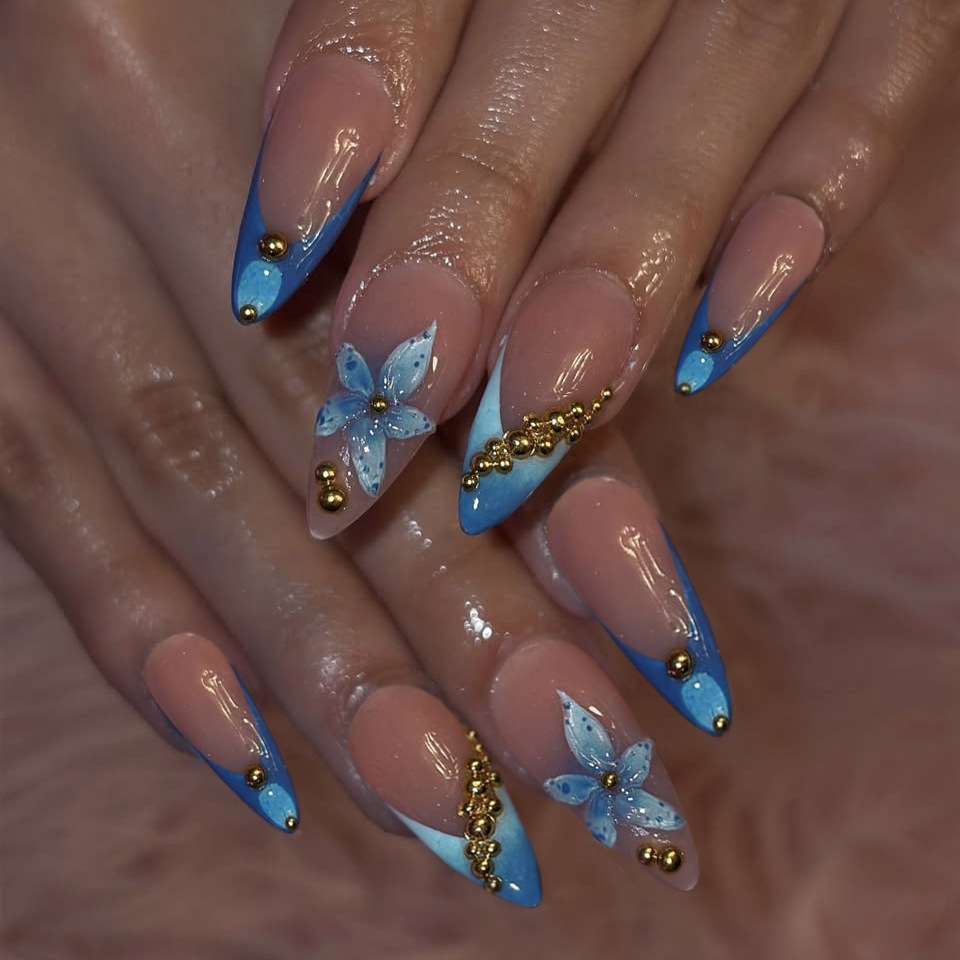 Nude fake nails with pink blue - Pressed Flower Art ulasan dan harga