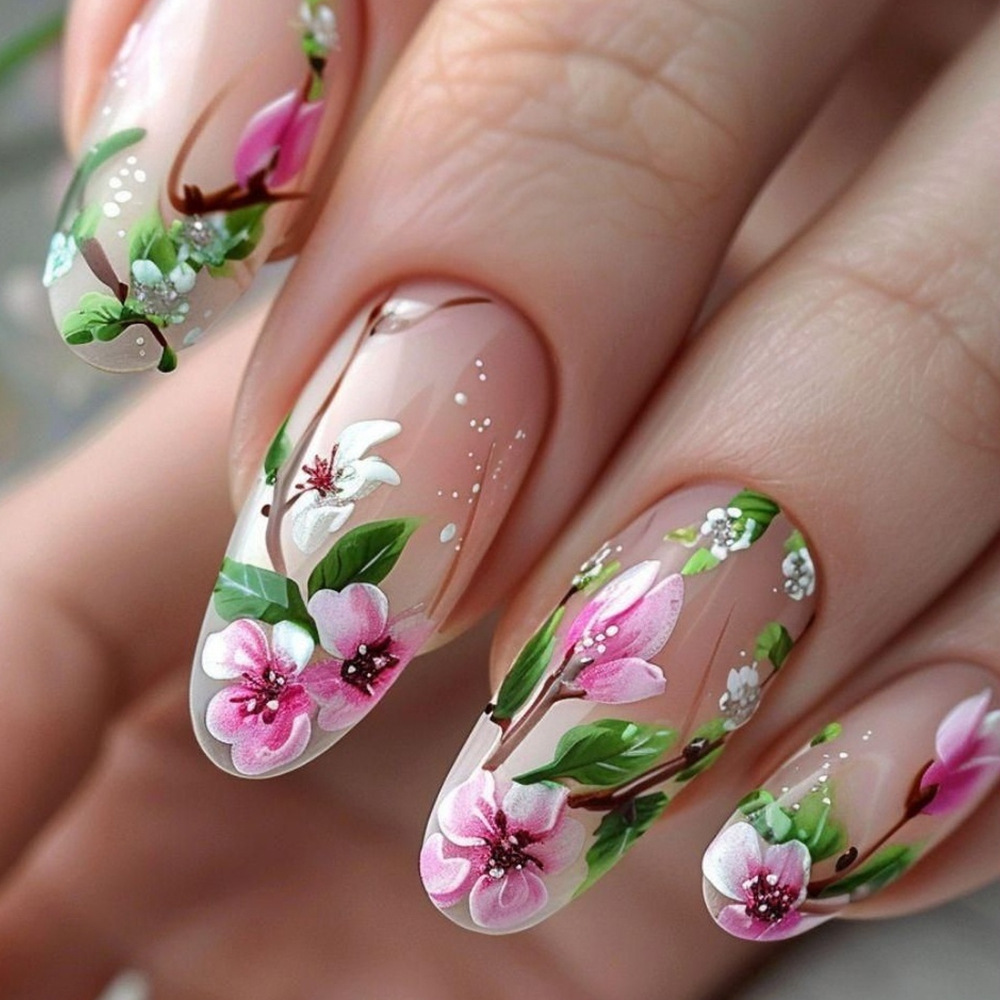 Short Almond Press on Nails 3D - Pressed Flower Art ulasan dan harga