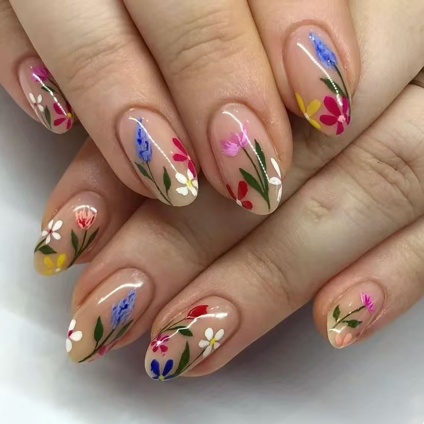 24Pcs Simple Almond Nails Tips - Pressed Flower Art ulasan dan harga